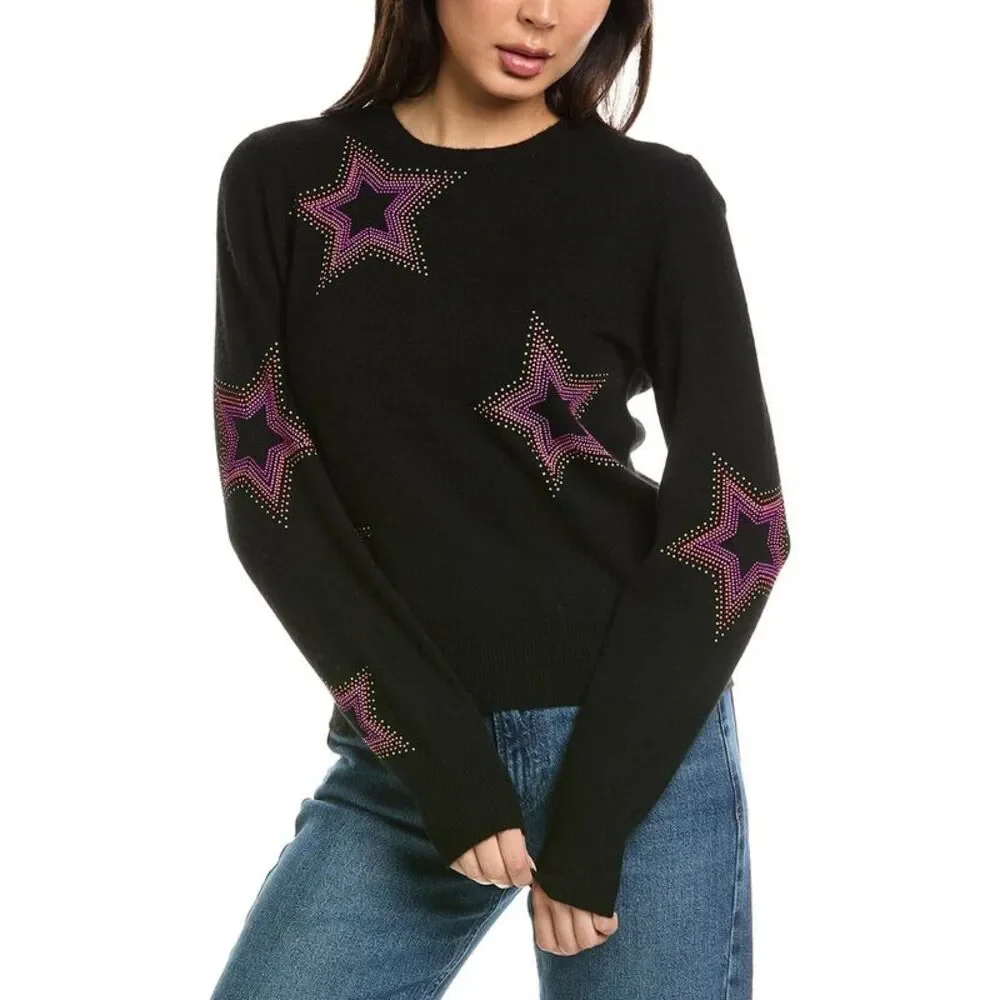 Brodie Cashmere Womens  Star Dust Crewneck 100% Cashmere Sweater, Black